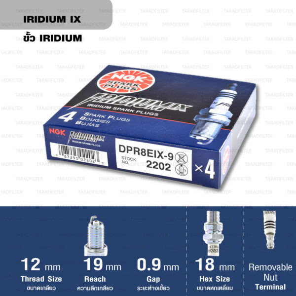 หัวเทียน NGK DPR8EIX-9 ขั้ว Iridium ใช้สำหรับ Triumph Thruxton, Scrambler, Bonneville T100 ตัว air cooler (1 หัว) - Made in Japan