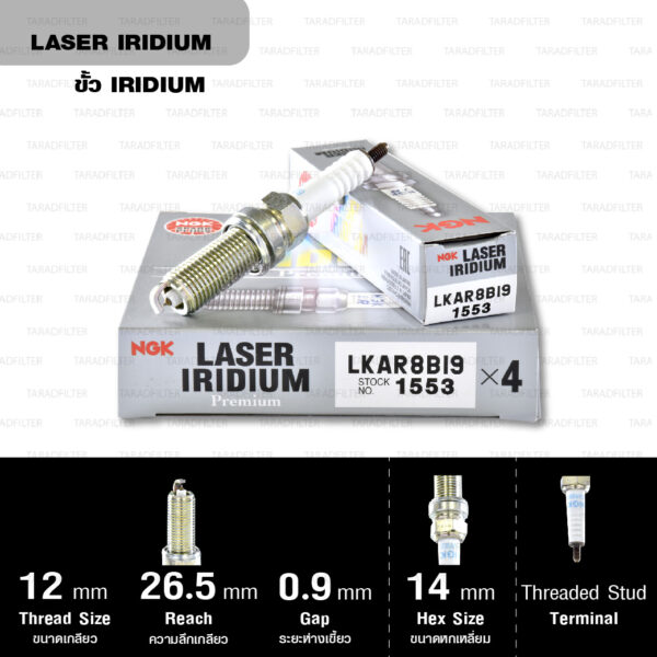 NGK หัวเทียน Laser Iridium ขั้ว Iridium ติดรถ LKAR8BI9 ใช้สำหรับมอเตอร์ไซค์ KTM Duke690 (Twin Spark) และ Adventure 1190 (Twin Spark) (1 หัว) - Made in Japan