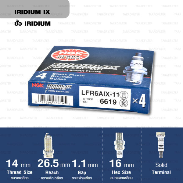 หัวเทียน NGK LFR6AIX-11 ขั้ว Iridium ใช้สำหรับ Toyota Fortuner 2.7L '05, Hilux Vigo 2.7L, Innova 2.0L '04 (1 หัว) - Made in Japan