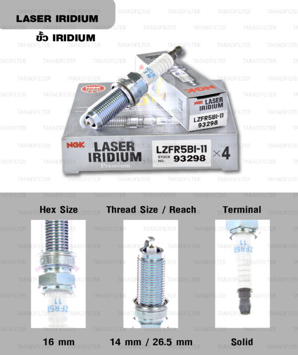 NGK หัวเทียน LASER IRIDIUM LZFR5BI-11 ใช้สำหรับรถยนต์ Mitsubishi Mirage [3A92] (1 หัว) - Made in Japan