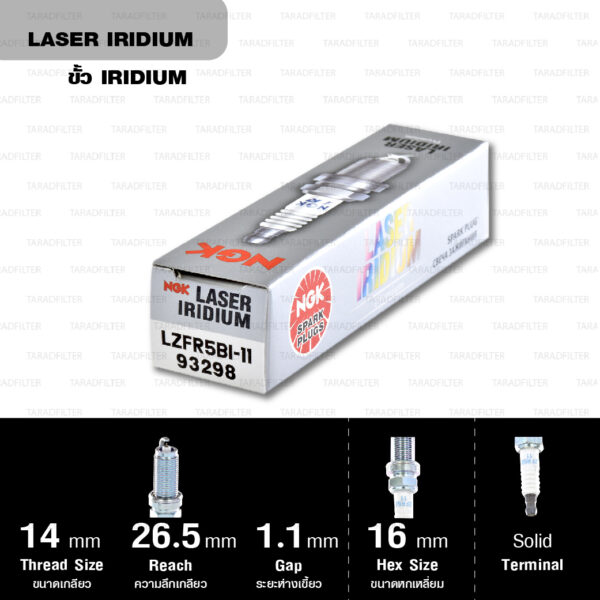 NGK หัวเทียน LASER IRIDIUM LZFR5BI-11 ใช้สำหรับรถยนต์ Mitsubishi Mirage [3A92] (1 หัว) - Made in Japan