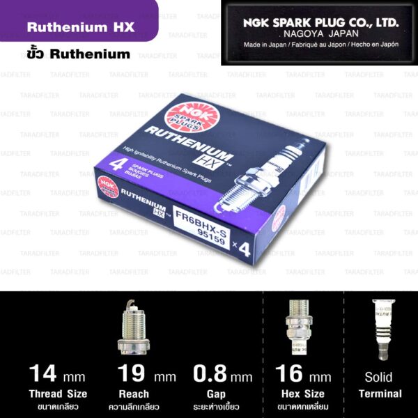 NGK หัวเทียน Ruthenium HX ขั้ว Ruthenium FR6BHX-S ใช้สำหรับ Honda Civic , City, CRV, Freed, Jazz - Made in Japan