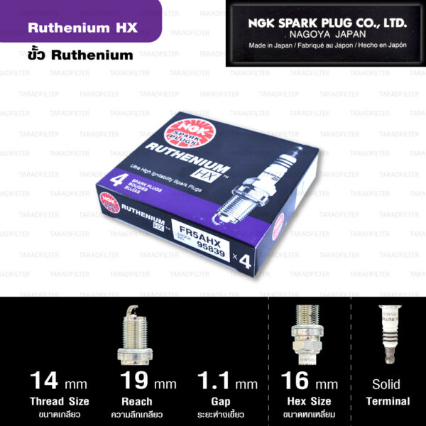 NGK หัวเทียน Ruthenium HX ขั้ว Ruthenium FR5AHX ใช้สำหรับรถ Corolla, Vios, Mazda 323, Honda Jazz GD , City ปีเก่า - Made in Japan