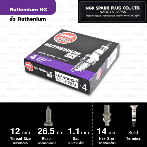 NGK หัวเทียน Ruthenium HX ขั้ว Ruthenium LKAR7AHX-S ใช้สำหรับรถ Toyota Corolla Altis 1.6, 1.8, 2.0, Corolla All New Altis 1.6L, Prius, Mazda Skyactive ( ใช้อัพเกรด ILKAR7B11, ILKAR7L11 ) - Made in Japan