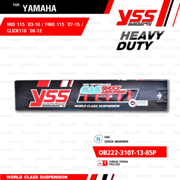 YSS โช๊คแก๊ส Heavy Duty DTG PLUS ใช้อัพเกรดสำหรับ Mio / Fino / Click110【 OB222-310T-13-85P 】 โช๊คเดี่ยวหลังสปริงแดง [ โช๊ค YSS แท้ 100% พร้อมประกันศูนย์ 6 เดือน ]