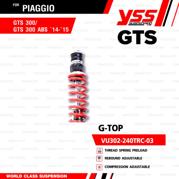 YSS โช๊คแก๊สหน้าและหลัง ใช้สำหรับ Vespa GTS 【 VU302-240TRC-03 】,【 TZ302-340TR 】 โช๊คหน้าสปริงแดง / โช๊คหลังสปริงแดง [ โช๊ค YSS แท้ 100% พร้อมประกันศูนย์ 2 ปี ]