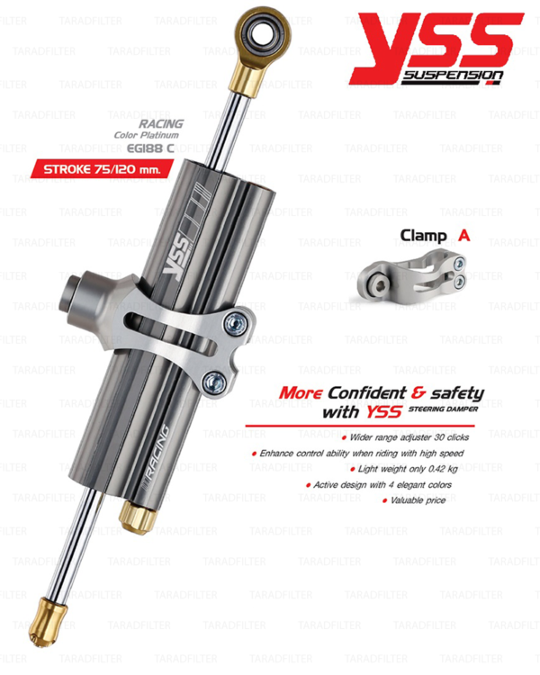 YSS STEERING DAMPER กันสะบัด CLAMP A สี Platinum สำหรับมอเตอร์ไซค์ [ EG188-078C-01-R ] สำหรับ CB650F / Ninja300 / Ninja250 / Ninja400 / Versys650 / R3 / R6 / T100