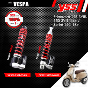 YSS โช๊คแก๊สหน้าและหลัง ใช้สำหรับ VESPA Primavera 125 3VIE, Primavera 150 3VIE '14> / Sprint 150 '18> 【 VK302-230T-03-858 】,【 OK302-360T-04-858 】 โช๊คหน้าสปริงแดง / โช๊คหลังสปริงแดง