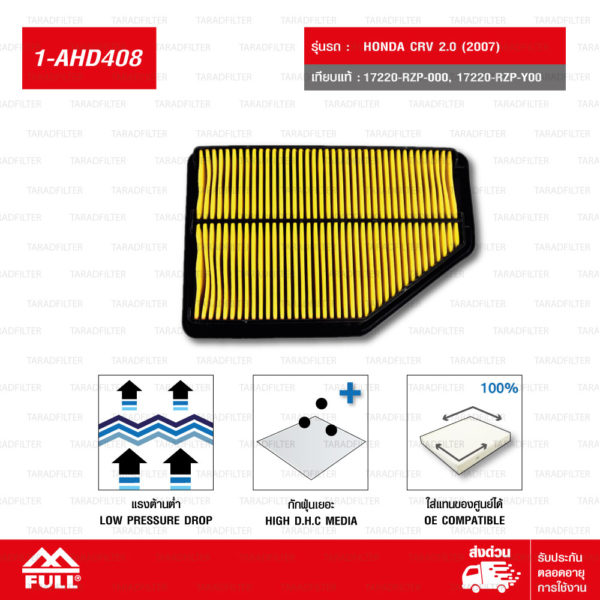 FULL ไส้กรองอากาศ กรองอากาศ ใช้สำหรับ Honda CRV 2.0 ปี07 #17220-RZP-000 [ 1-AHD408 ]