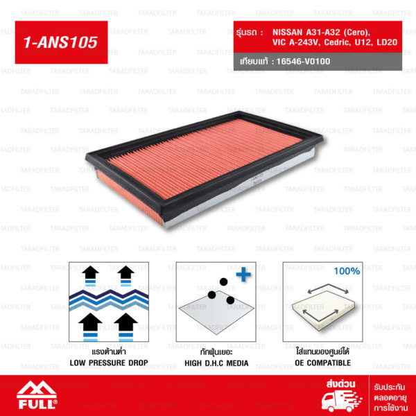 FULL ไส้กรองอากาศ NISSAN A31-A32 ( Cefiro เซฟิโร่ ), VIC A-243V, Cedric เซดดริก,U12,LD20 #16546-V0100 [1-ANS105]