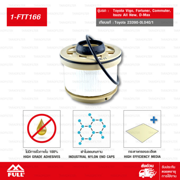 FULL ไส้กรองนํ้ามันโซ่ล่า ไส้กรองนั้ามันดีเซล ไส้กรองดักนํ้า รุ่นกระดาษกรอง High Efficiency ใช้สำหรับ Toyota Vigo วีโก้ Fortuner ฟอร์จูนเนอร์ Commuter รถตู้คอมมูเตอร์, Isuzu All New D-Max อีซูซุ ออล นิว ดีแม็ก 2.5,3.0 [1-FTT166]