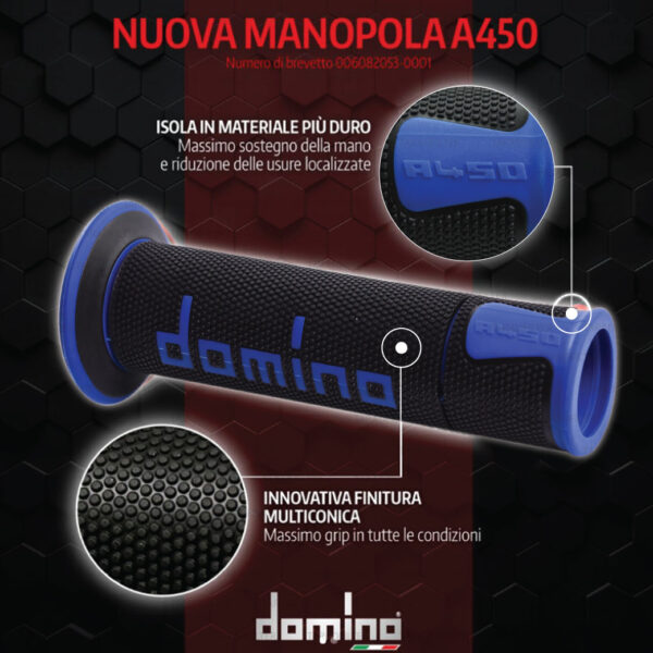 DOMINO MANOPOLE GRIP ปลอกแฮนด์ รุ่น A450 รุ่นใหม่ล่าสุด สีดำ-น้ำเงิน ใช้สำหรับรถมอเตอร์ไซค์ [ 1 คู่ ]