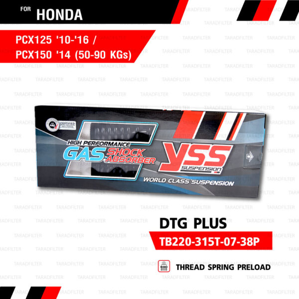 YSS โช๊คแก๊ส DTG PLUS โฉมใหม่ ใช้อัพเกรดสำหรับ Honda PCX150 '14-'17 , PCX 125 '10-'16【 TB220-315T-07-38P】 โช้คอัพแก๊สกระบอก 2 ชั้น แกนทอง สปริงดำ