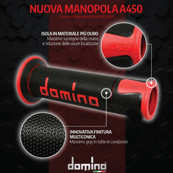 DOMINO MANOPOLE GRIP ปลอกแฮนด์ รุ่น A450 รุ่นใหม่ล่าสุด สีดำ-แดง ใช้สำหรับรถมอเตอร์ไซค์ [ 1 คู่ ]