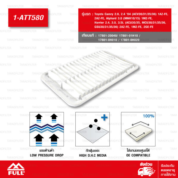 FULL กรองอากาศ ใช้สำหรับ Toyota Camry / Alphard / Harrier #17801-20040 [1-ATT580]