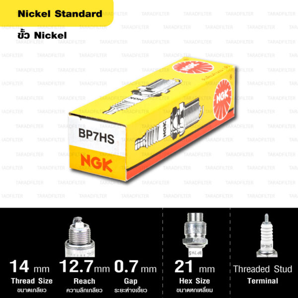 หัวเทียน NGK รุ่น NICKEL STANDARD ขั้ว NICKEL【 BP7HS 】ใช้สำหรับ Alfa / Belle / Mate / Spinter / Swing / RC100 / RC80 / Cosmo / GTO / GTX / Neon / Tuxedo / LEO