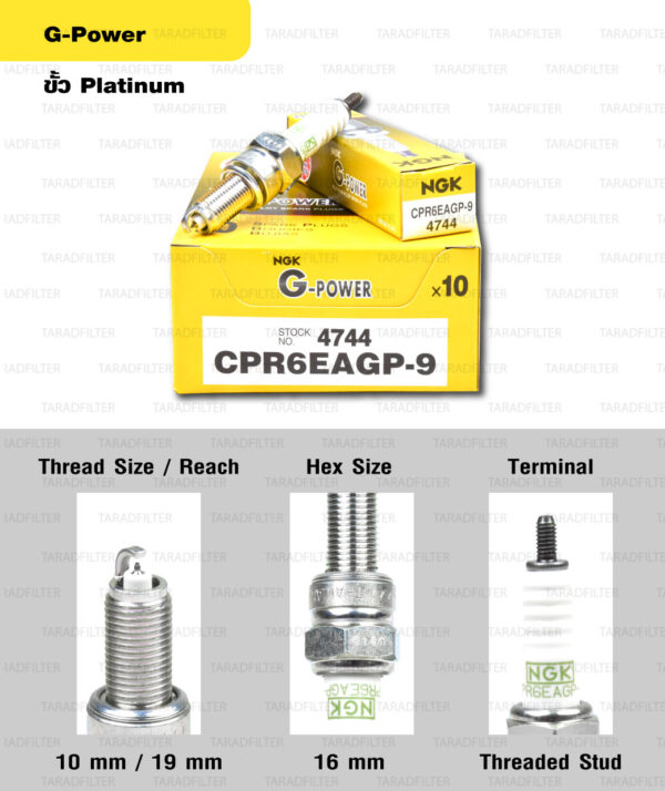 หัวเทียน NGK รุ่น G-POWER ขั้ว Platinum【 CPR6EAGP-9 】 ใช้สำหรับ Honda Wave 110i, 125, 125i / PCX / Nice 125 / Dream 100i, 110i, 125 / C125 / CT125 / CZ-I 110 / Monkey / MSX 125, 125SF