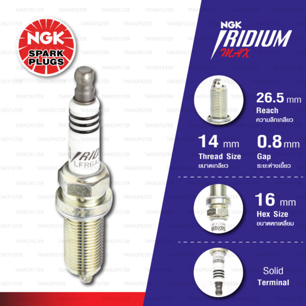 [LFR6AIX-P] หัวเทียน NGK Iridium Max ใช้สำหรับ Toyota Fortuner, Vigo, Commuter 2TRFE, Innova 1TRFE (1 หัว)