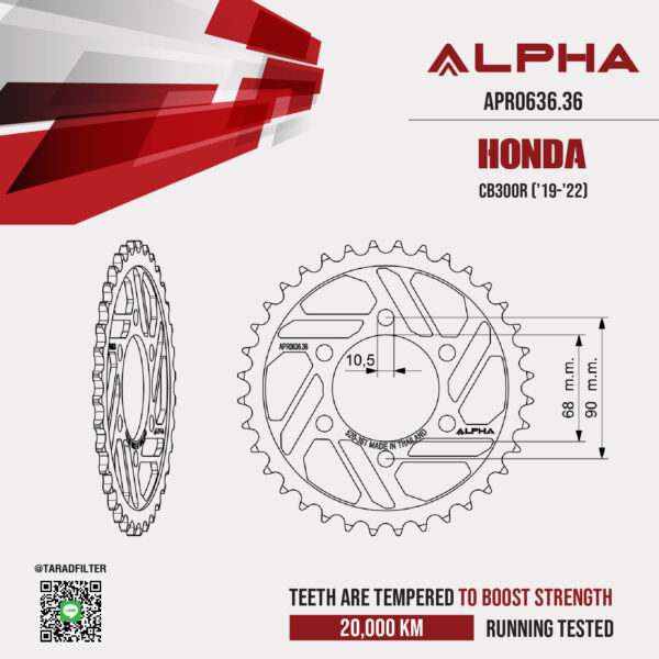 ALPHA SPROCKET สเตอร์หลัง 36 ฟัน (520) สีดำ ใช้สำหรับมอเตอร์ไซค์ Honda CB300R ('19-'22) [ APR0636.36 ]