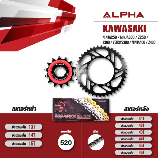 ALPHA ชุดโซ่สเตอร์ เปลี่ยน Kawasaki Ninja250 / Ninja300 / Z250 / Z300 / Versys300 / Ninja400 / Z400 โซ่ JOMTHAI X-ring สีเหล็ก