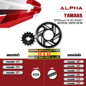 ALPHA ชุดโซ่สเตอร์ เปลี่ยน Yamaha YZF-R15 ตัวเก่า ('14-'16) / M-slaz / Exciter150 / Exciter155 vva โซ่ D.I.D 428 HDS สีเหล็ก [15/47]