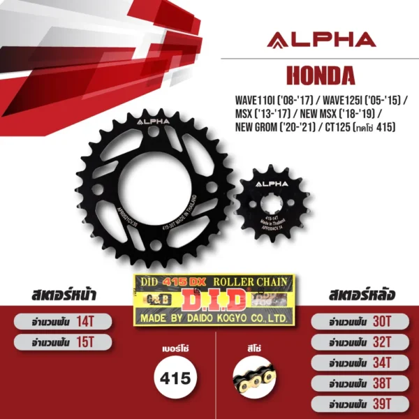 ชุดโซ่สเตอร์ ALPHA ใช้สำหรับ Wave110i ('08-'17) / Wave125i ('05-'15) / MSX ('13-'17) / New MSX ('18-'19) / New Grom ('20-'21) / CT125 (ทดโซ่ 415) โซ่ D.I.D 415 DX สีทอง