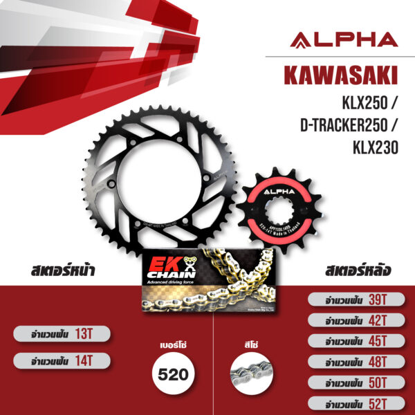 ALPHA SPROCKET ชุดโซ่สเตอร์ โซ่ EK SRO สีเหล็กใช้สำหรับ Kawasaki KLX250 / D-tracker250 / KLX230 [14/45]